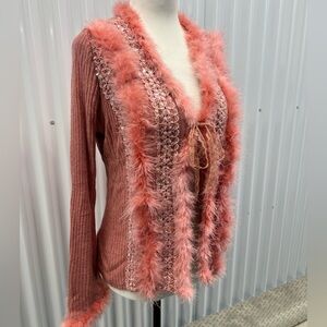 Elegant Pink Feather-Trimmed Sweater